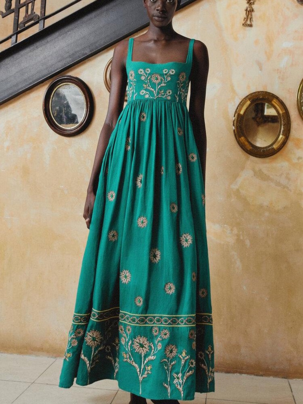 Agua by Agua Bendita Emerald Green Embroidered Maxi Dress
